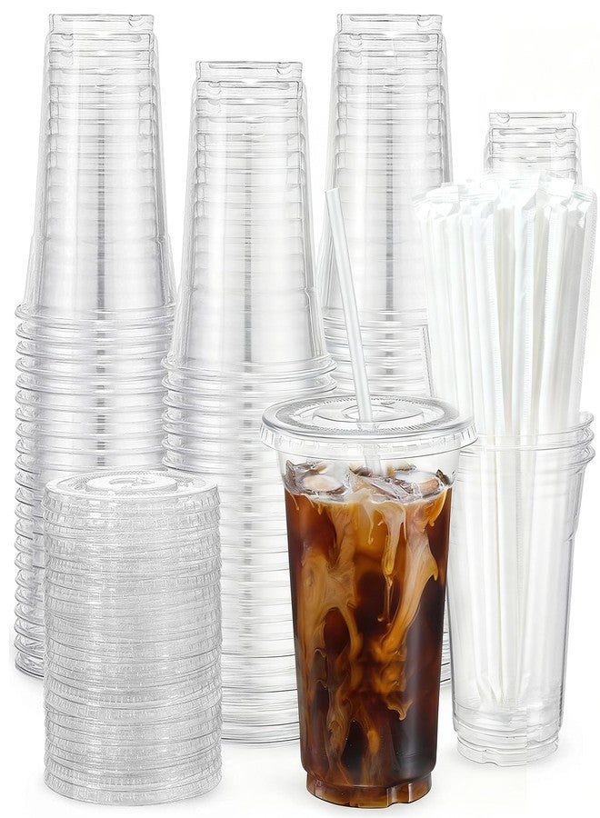 EUHOMY 100 Pack - 16 oz Clear Plastic Cups with Lids and Straws, Sturdy & Food Safe Iced Coffee Cups with lids, Disposable Plastic Smoothie Cups for Cold Drinks - Image 1